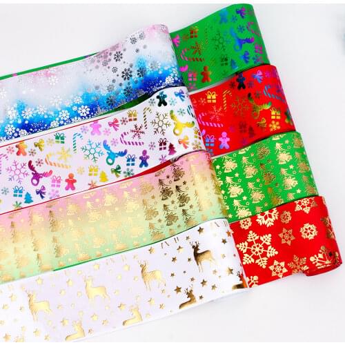 2y/lot 75mm Bronzing Snowflake Gold Bells Printed Ribbon for Hair Bows DIY Crafts Supplies Handmade Accessories Christmas Decor