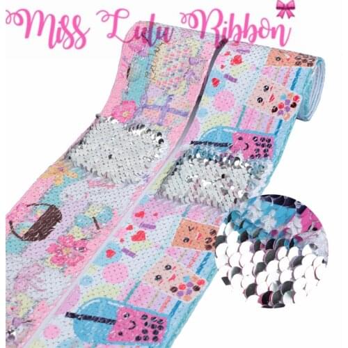 3"75mm Cartoon Rabbit Flower Double Reversible Silver Sequin Ribbon DIY Party Gift Bowknots Hair Band Happy Easter Day 46yards