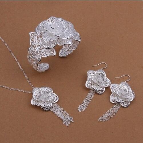 Hot Christmas gifts female charm exquisite large flower necklace bracelet Drop Earrings Silver color jewelry Set S446