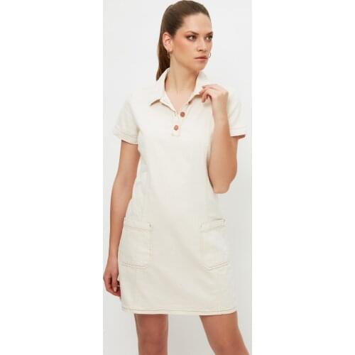 Ecru Pocket Detailed Shirt Collar Mini Denim Dress 100% Cotton Spring / Summer Casual Holiday Street Style