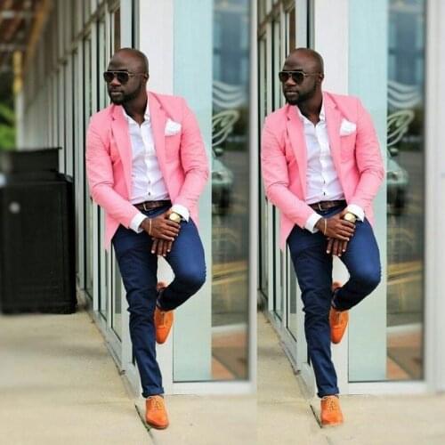 Pink Casual Men Suits for African Prom Slim Fit 2 Piece Wedding Groom Tuxedo with Navy Blue Pants Male Fashion Blazer 2021