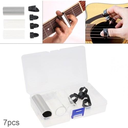7pcs/lot Electric Bass Guitar Slide Picks Kit Stainless Steel Slides Thumb Finger Celluloid with Box