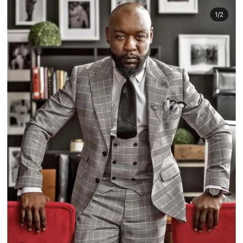 New Arrival 2021 Plaid Peak Lapel Two Button Men Suits 3 Pcs Costum Homme Groom Wedding Wear Terno Masculino Slim fit Blazer