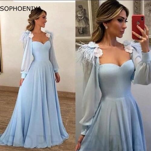 New Arrival Light Blue Chiffon Evening Dress Long Sleeves Feather Appliques Sweetheart Formal Dresses women Party Night