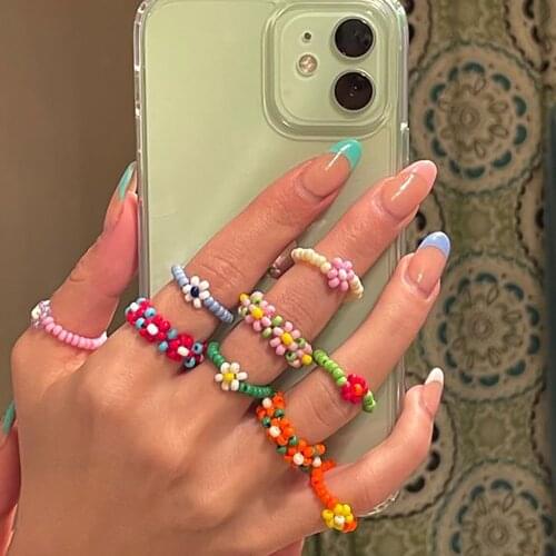 New Cute Transparent Resin Acrylic Handmade Beaded Rhinestone Colourful Geometric Square Round Rings for Women Y2k Jewelry Party