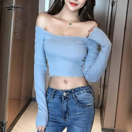 Autumn Casual Women Blouse Sexy Long Sleeve Solid Short Tops Fashion Versatile Slash Neck Slimming T-shirt Cotton Blusas 12576