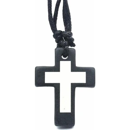 Yak Bone Cross Necklace for Men Women Bone Carved Christian Charms Pendant Necklace Wax Rope Jewelry XL63