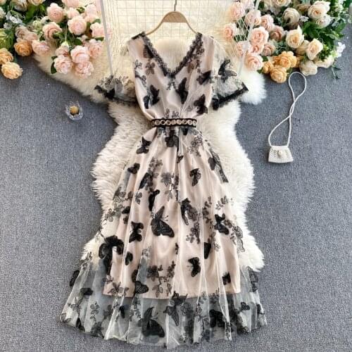 SINGREINY Mesh Butterfly Embroidery Dress Women Design Splice Lace V Neck A-line Dresses Summer Elegant Streetwear Long Dress