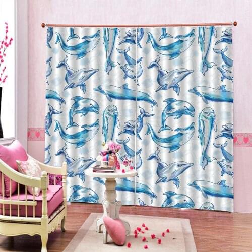 Custom Cartoon Hand Drawn Dolphins Jumping Window Curtain For Living room bedroom Ocean Print Art Decor Blackout Drapes Sets