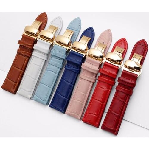 Watchband genuine leather 16mm 18mm 19mm 20mm 21mm 22mm strap with gold butterfly deployment clasp free shipping