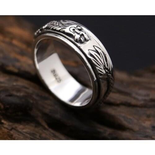 Solid Silver 925 Rotating Spinner Ring Men China Dragon Band Unique Design Cool Mens Fashion 925 Sterling Silver Jewelry Gift