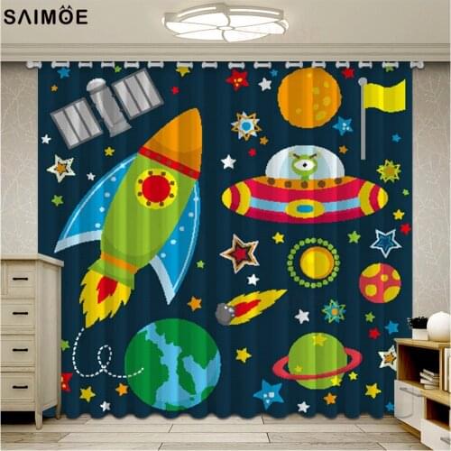 Cartoon Space Astronaut Aircraft Rocket Moon Window Curtains Living Room Galaxy Stars Kids Curtain Bedroom Ultra Micro Shading
