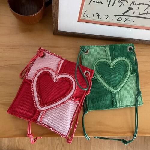 Cute Girly Love Heart Canvas Crossbody Bag Stitching Corduroy Womens Mini Shoulder Bag Retro Plaid Female Pouch Small Handbags