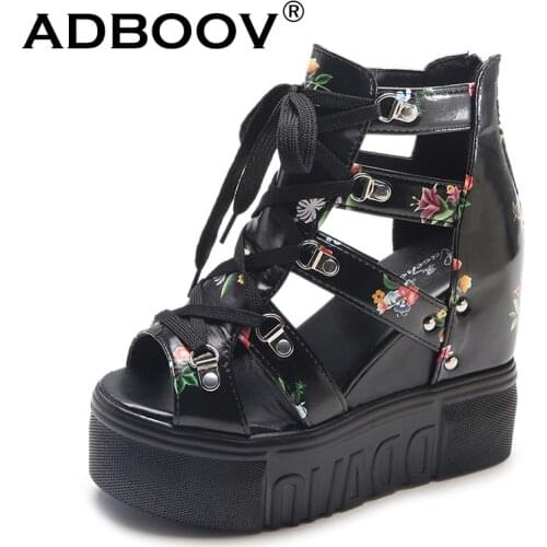 ADBOOV Flowers Print Peep Toe Wedge Sandals Women PU Leather Back Zip Platform Summer Shoes Women