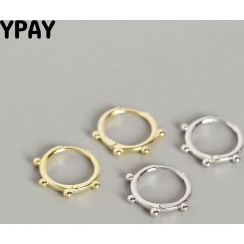 YPAY 100% 925 Sterling Silver Hoop Earrings for Ladies Girls Korea INS Geometric Round Beads Ear Buckle Earring Jewelry YME532