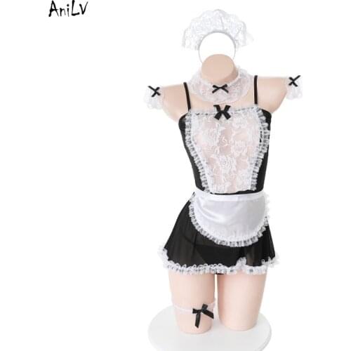 AniLV Women Floral Rose Lace Maid Dress Uniform Costume Anime Girl Pool Party Maid Swimsuit Cosplay
