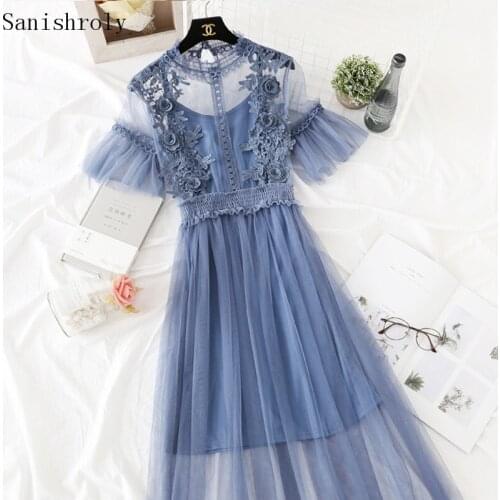Sanishroly Two Piece Spring Summer Women Long Dresses Sweet Floral Lace Dress Female Short Sleeve Mesh Dress Tank Vestidos SE916