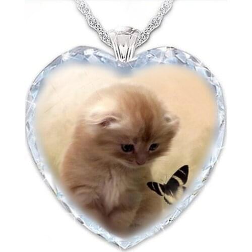 Heart Shaped Crystal Gem Cute Cat Pattern Fashion Pendant Necklace Female