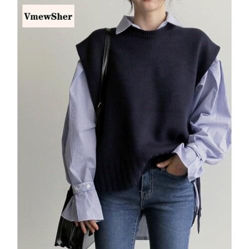 VmewSher New Side Slit Straps Women Sweater Vest 2020 Autumn Loose Vintage V-Neck Sleeveless Pullover Knitted Casual Waistcoat