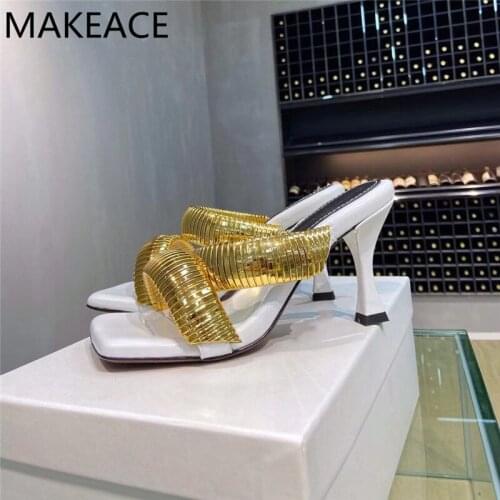 Gold Sexy Mules High Heels Women Metal Decorate Designer Brand Shoes Woman Luxury Heeled Sandals Ladies Runway Slippers Women