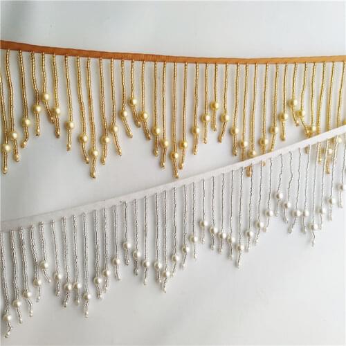 5 Yards Sliver 11cm Beaded Fringe Trim Ribbon Sewing Wave Pearls Tassel Fringe Trimming Latin Dress Evening Garment Accessories