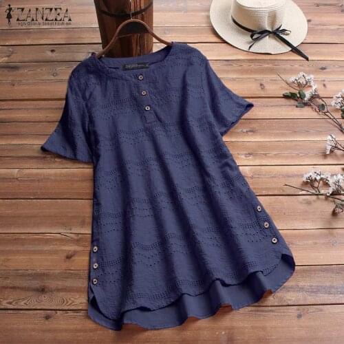 ZANZEA Womens Summer Embroidery Blouse 2021 Vintage O neck Short Sleeve Tunic Top Shirts Female Buttons Solid Blusas Plus Size