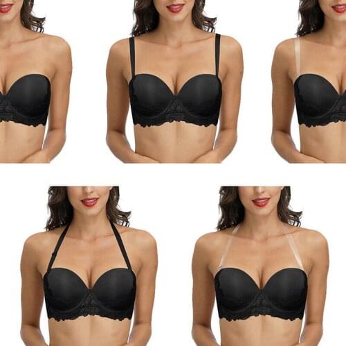 New Women Bra Halter Strapless Adjusted Strap Sexy Thick Padded Push Up Bras Lace Wire Bone 30 32 34 36 38 40 42 44 A B C D DD E
