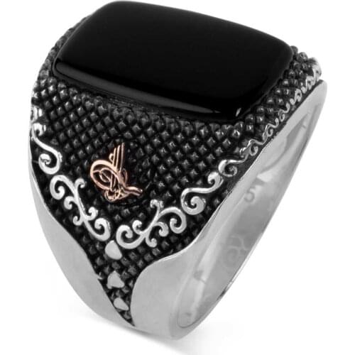 Black Onyx Sterling Silver Mens Ring with Ottoman Tughra Onyx Stone Ring for Men
