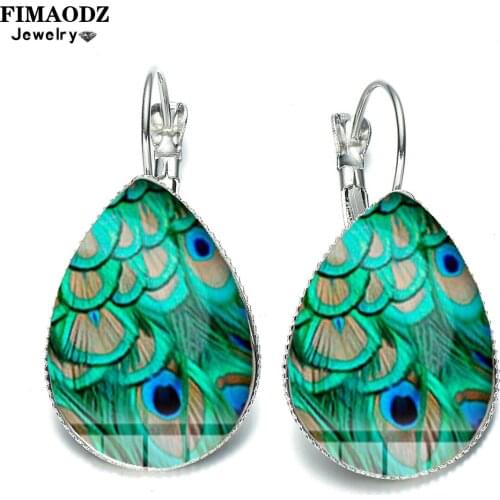 FIMAODZ Peacock Feather Earrings for Women Female Green Vintage Bird Feather Boho Dangle Earring Jewelry