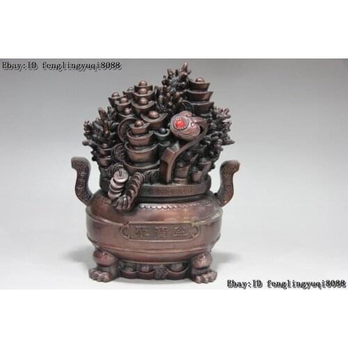 Chinese Fengshui Red Bronze copper Wealth Yuanbao RuYi Treasure Bowl Art Statue