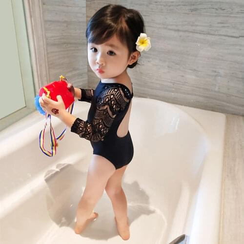 Girls Swimsuit Children New Summer Princess One-Piece Black Lace Baby Long Sleeve Swimming Wear