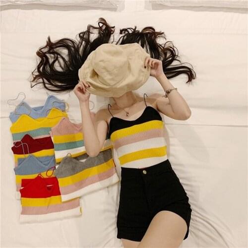 Summer Sexy Women Crop Tops Striped Camisole off shoulder Vest Knit Tanks