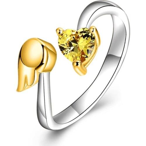 Love Heart CZ Crystal with Angel Wing 925 Sterling Silver Rings Opening Adjusted Jewelry for Women Girls Wedding