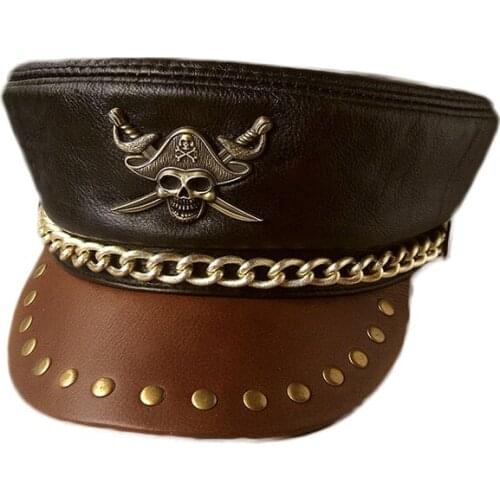 Motorcycle Genuine Leather Hat Punk Rock Show Rivet Navy Captain Hat Skeleton Pirate Badge Cowhide Military Hats For Men Women