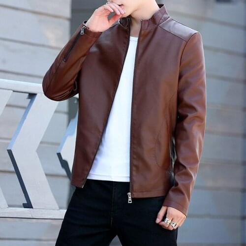 2021 Mens Stand Collar PU Leather Jacket Youth Slim Casual Fashion Leather Jacket