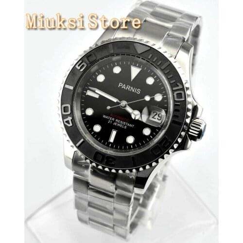 Parnis 41mm Mens TOP Business Mechanical Watch Silver Case Ceramic Bezel Sapphire Glass Date Window Mens Automatic Watch