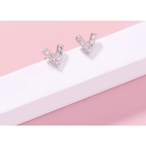 Simple and versatile earrings Fashionable and small English letters mini V-shaped zircon earrings temperament earrings