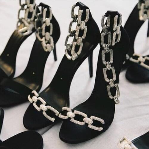 Bling Bling Sliver Chain Crystal Rhinestone Zipper Back Pumps Woman One Line Simple 7/9 CM Stiletto Heels Party Dress Shoes