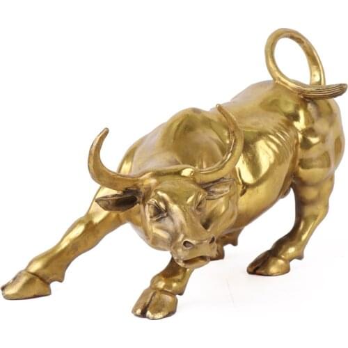 Gold Brass Charging Stock Market Bull Ornament Animal Figurine Wall Street Bull OX Statue Feng Shui Sculpture Home Office Decor