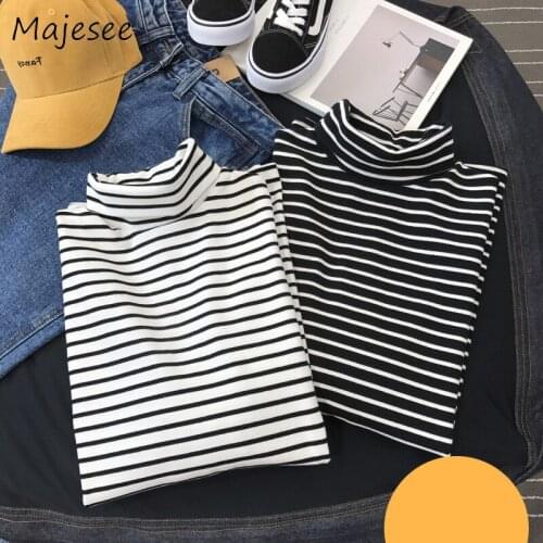 Long Sleeve T-shirt Women Ulzzang Casual Slim Soft T-shirts Womens Turtleneck Striped Tee Elegant Lady Korean Style High Quality