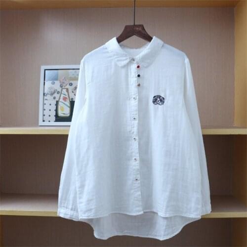 Japan Style Mori Girl Turndown Collar Color Button White Shirt Cute Cat Embroidery Long Sleeve Women Blouse