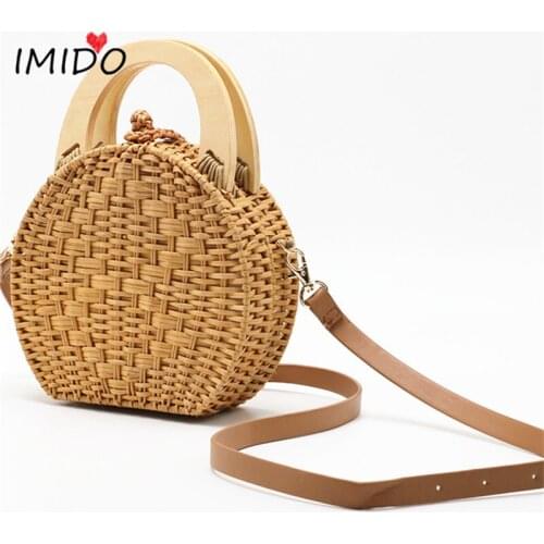 Straw Handbag Women Wooden Hand-Woven Top-Handle Beach Bag Circular Knitting Bags Travel Tote Straw Bags For Women Crossbody Bag