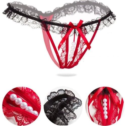 Women Sexy Crotchless Faux Pearl Lace Bowknot Women Thongs Briefs Panties G-String