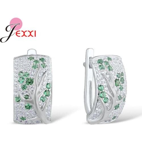 925 Sterling Silver Multicolor Cubic Zirconia Plum Branch Blossom Hoop Earrings Three Branch Womens Wedding Party Jewelry