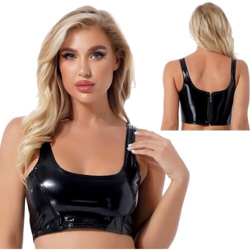 TiaoBug Gothic Women Lady Wet Look Patent Leather Cropped Tank Top U Neck Zipper Back Wide Shoulder Straps Vest Club Street Wear