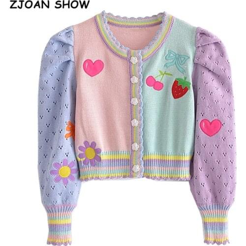 2021 Kawaii Retro Hit Color Puff Long sleeve Cardigan Vintage Woman O neck Appliques Embroidery Sweater Knitted Knitwear Jumper