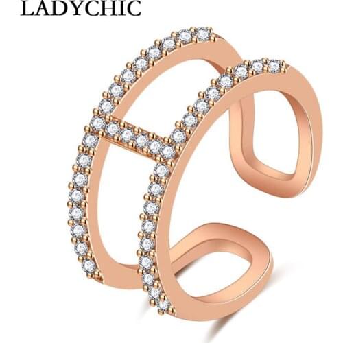 LADYCHIC New Arrival Micro Pave Zircon Double Layer Rings for Women Elegant Adjustable Finger Ring Anniversary Jewelry LR1218