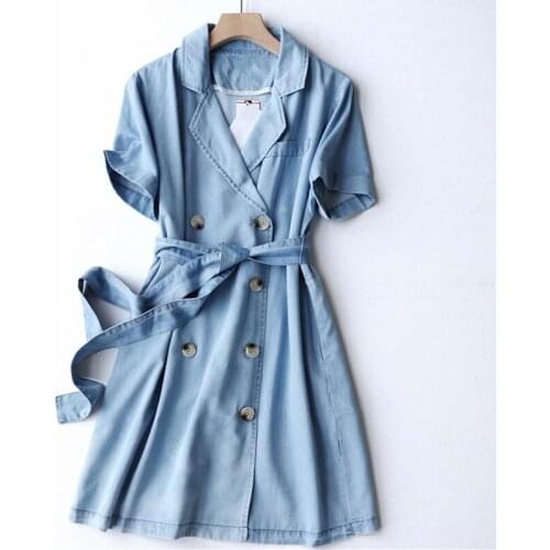 Summer Denim Dress Women Vintage Jeans Dresses New Korean Loose Belt Clothes Female Pullover Short Sleeve Double Breasted
