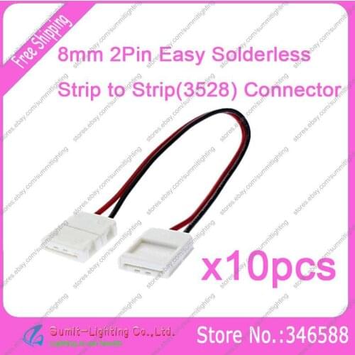 10PCS 8mm 2Pin 2-Way Solderless Strip to Strip Easy Snap Down PCB Connector with 10cm Cable for 3528 Single Color LED Strips