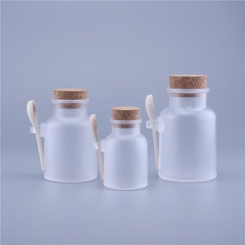 200PCS Empty 100g 200g 300g Powder Plastic Bottle Bath Salt Jar With Wood Cork & Wooden Spoon